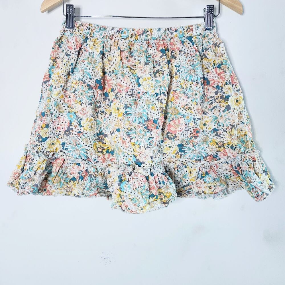 Luna Moon Floral Eyelet Embroidered Ruffle Mini Skirt Size Large Festival Boho